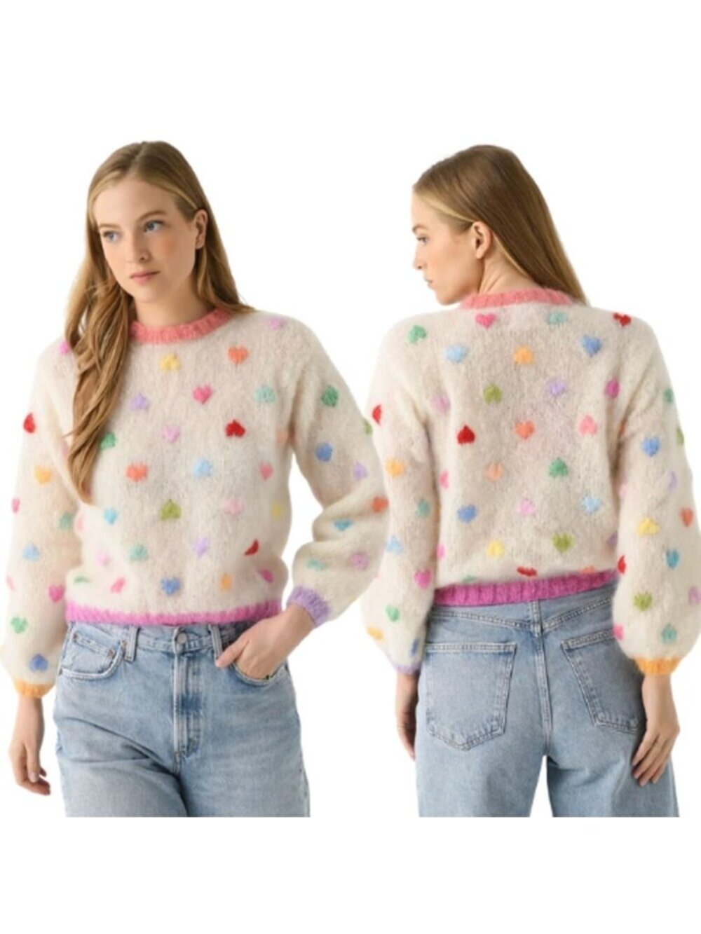 NEW Rose Carmine Hearts Mohair Wool Mon Amour Sweater Pink Multicolor Size: 1